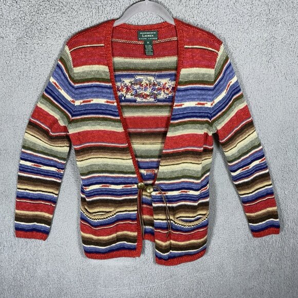 Lauren Ralph Lauren Women M Handknit Linen Blend Cardigan Southwest Stripe Aztec - Picture 1 of 6